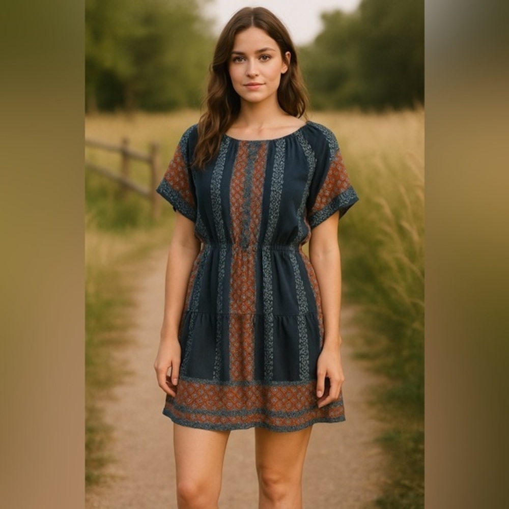 Ariat Black Multi Mini Dress Elasticized Waist Southwest Boho EUC L #2376